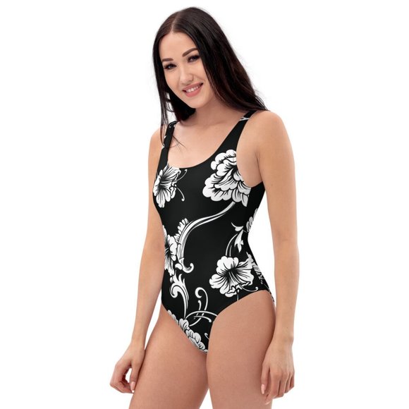 Noir Flowers women's Over-all One Piece Swimsuit (Customizable) - Picture 5 of 6